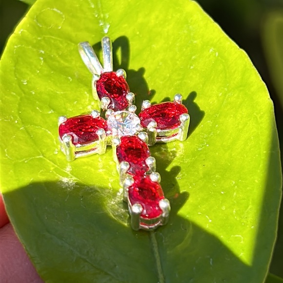 Sterling Silver Red Stone Cross - Picture 2 of 9